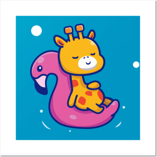 Cute Giraffe Floating With Swimming Flamingo Cartoon Posters and Art